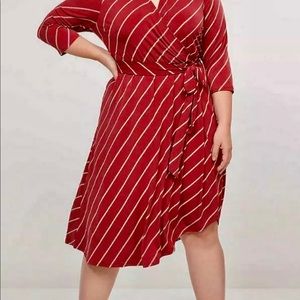 Gently used Lane Bryant faux wrap dress, rusty red & cream striped, size 26/28.